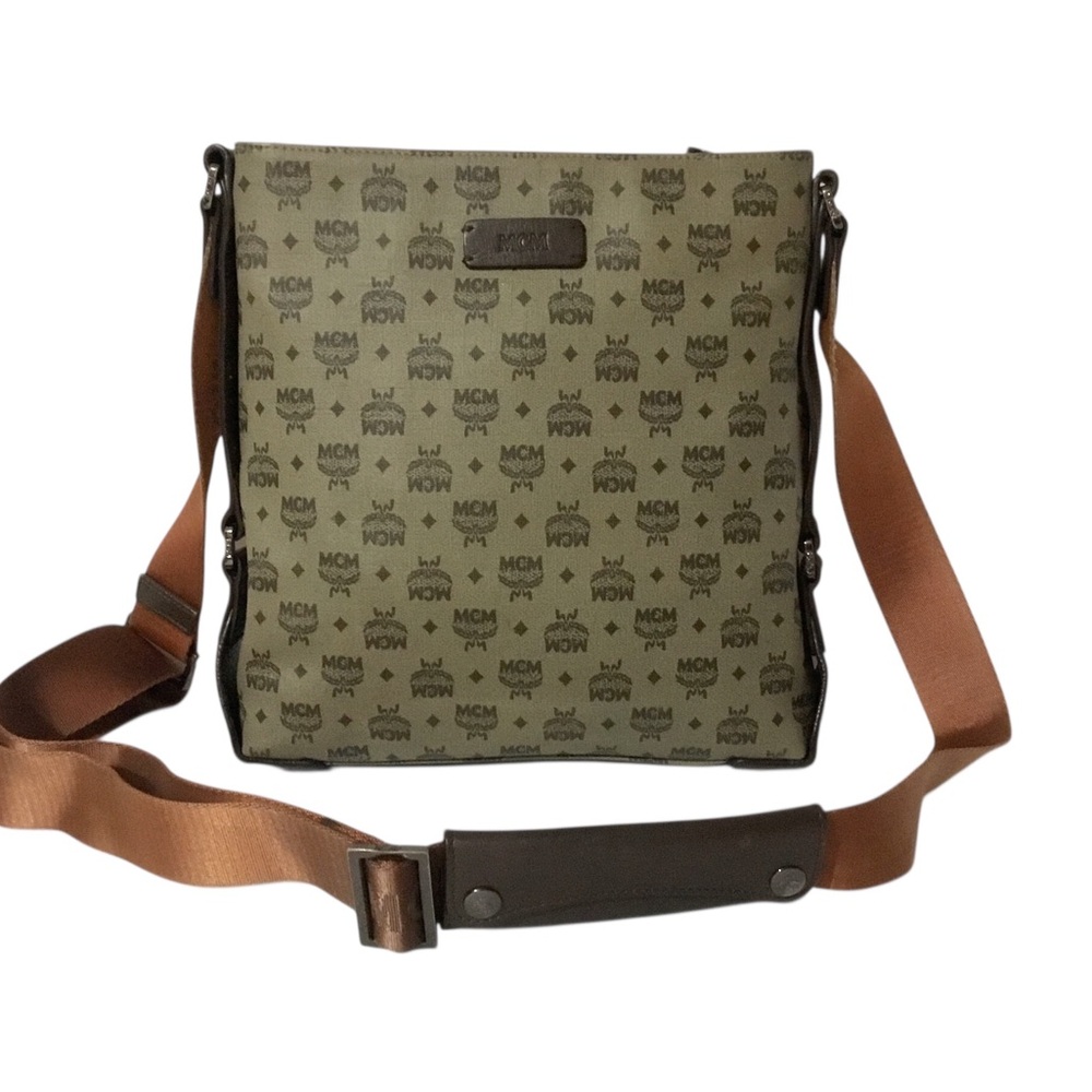 Authentic MCM Olive Monogram Messenger Bag with Brown Adjustable Strap